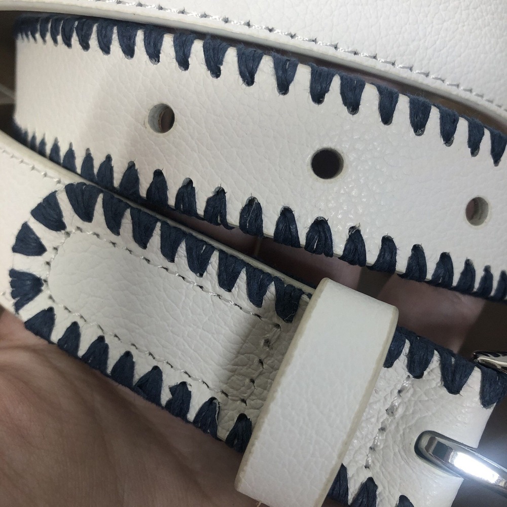 Talbots Leather Women's Medium White & Blue Old Money Belt Buckle Adjustable - Picture 2 of 4